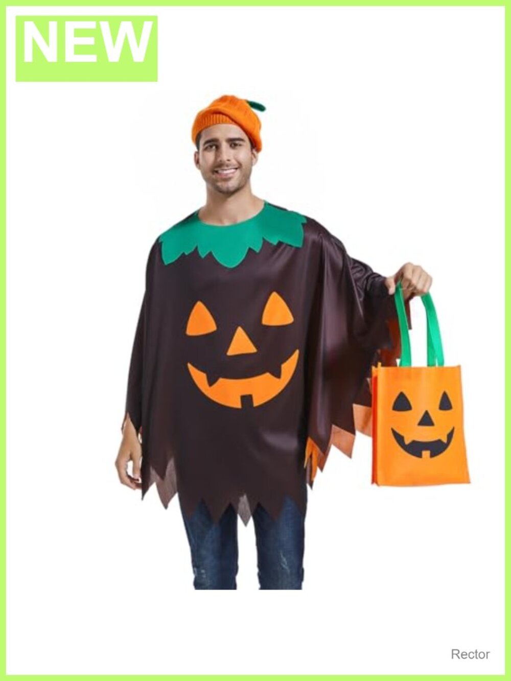 Pumpkin Costume Poncho Knitted Beret & Candy Bag Halloween Set